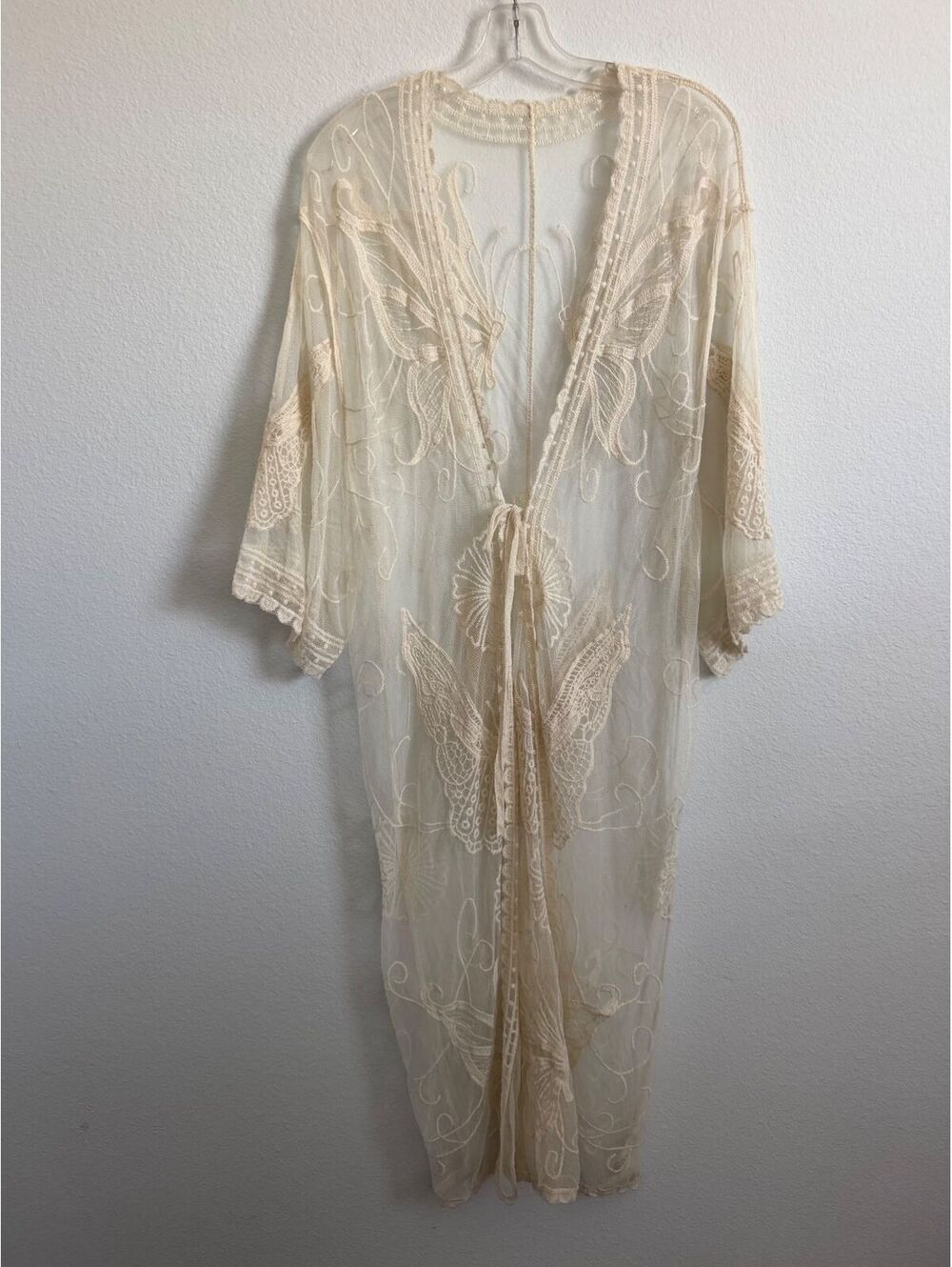 Janice 3/4 Sleeve Cream Embroidered Lace Tie Front Duster Cardigan One Size